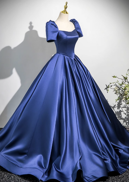 Blue A-line square neck satin long prom dress, blue evening dress  ED01029