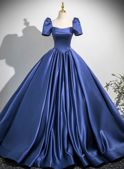 Blue A-line square neck satin long prom dress, blue evening dress  ED01029