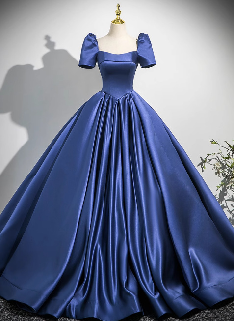 Blue A-line square neck satin long prom dress, blue evening dress  ED01029
