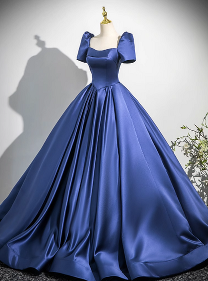 Blue A-line square neck satin long prom dress, blue evening dress  ED01029