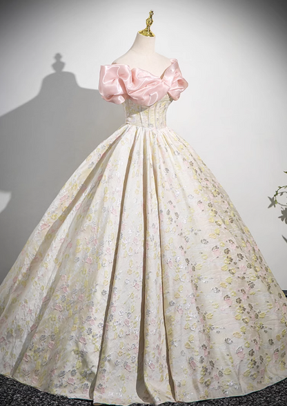 Champagne A-line off-the-shoulder neck satin long ball dress, champagne evening dress  ED01030