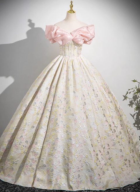 Champagne A-line off-the-shoulder neck satin long ball dress, champagne evening dress  ED01030