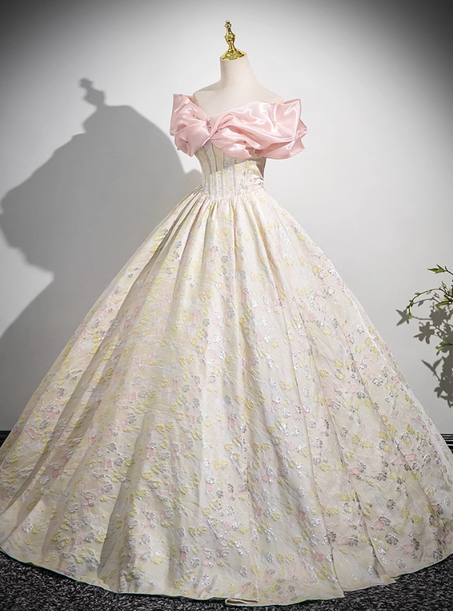 Champagne A-line off-the-shoulder neck satin long ball dress, champagne evening dress  ED01030