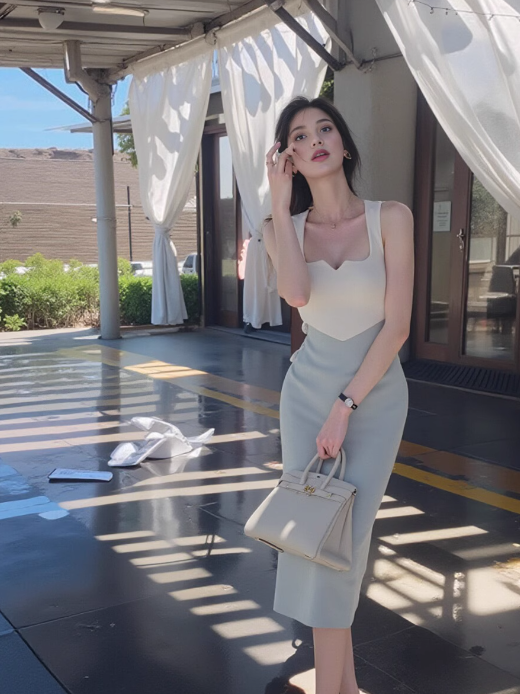 French retro contrast color splicing V-neck knitted dress women's autumn and winter temperament slim bottoming hip suspender skirt ED0102