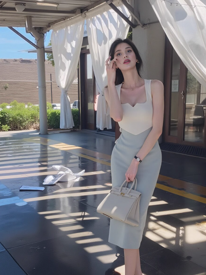 French retro contrast color splicing V-neck knitted dress women's autumn and winter temperament slim bottoming hip suspender skirt ED0102