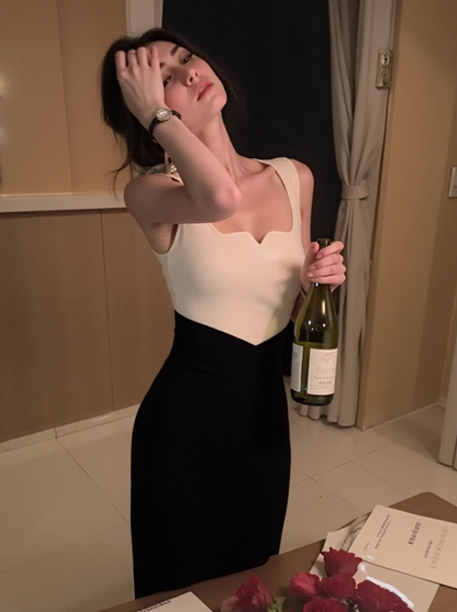 French retro contrast color splicing V-neck knitted dress women's autumn and winter temperament slim bottoming hip suspender skirt ED0102