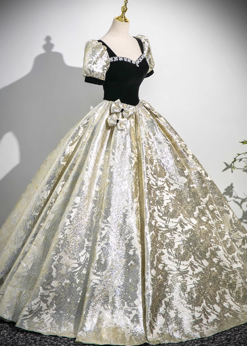 Black A-line square neck satin velvet long prom dress, black evening dress  ED01031