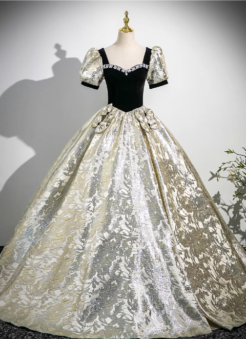 Black A-line square neck satin velvet long prom dress, black evening dress  ED01031