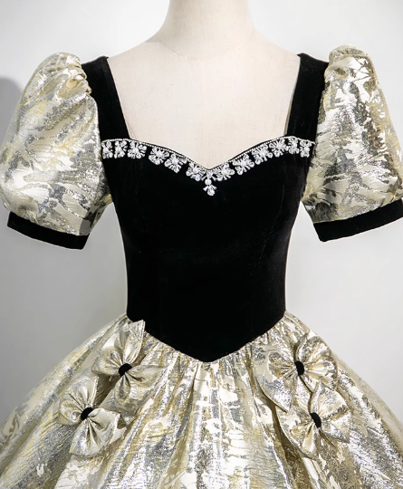 Black A-line square neck satin velvet long prom dress, black evening dress  ED01031