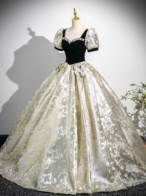 Black A-line square neck satin velvet long prom dress, black evening dress  ED01031