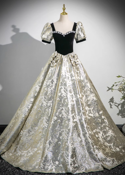 Black A-line square neck satin velvet long prom dress, black evening dress  ED01031