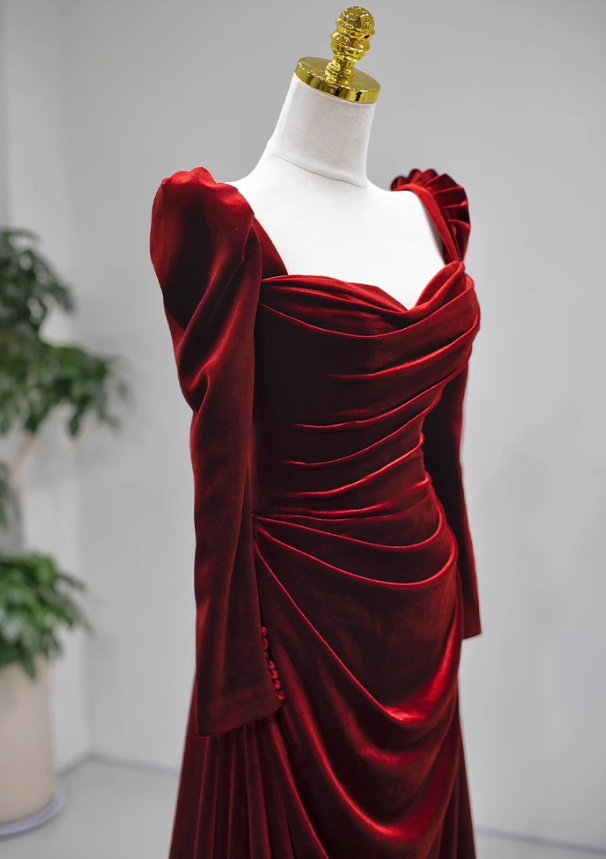 Burgundy A-line square neck velvet long sleeves long prom dress, Burgundy evening dress  ED01032