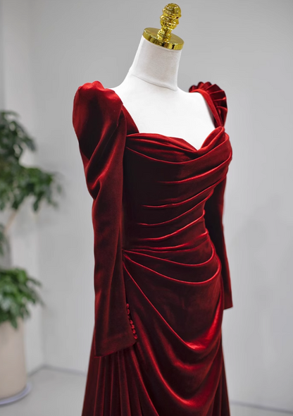 Burgundy A-line square neck velvet long sleeves long prom dress, Burgundy evening dress  ED01032