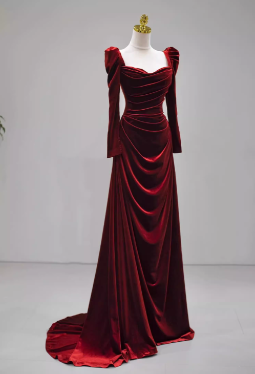 Burgundy A-line square neck velvet long sleeves long prom dress, Burgundy evening dress  ED01032