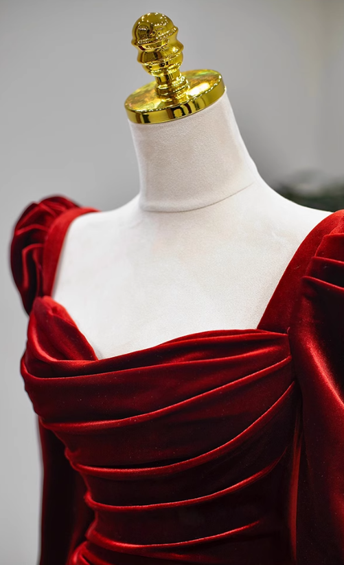 Burgundy A-line square neck velvet long sleeves long prom dress, Burgundy evening dress  ED01032