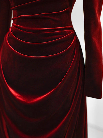 Burgundy A-line square neck velvet long sleeves long prom dress, Burgundy evening dress  ED01032