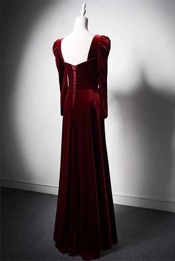 Burgundy A-line square neck velvet long sleeves long prom dress, Burgundy evening dress  ED01032