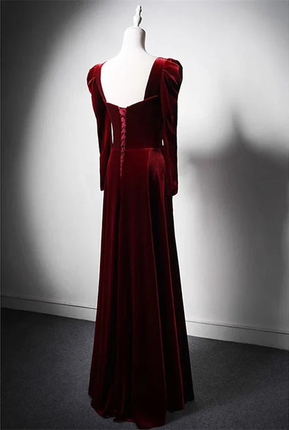 Burgundy A-line square neck velvet long sleeves long prom dress, Burgundy evening dress  ED01032