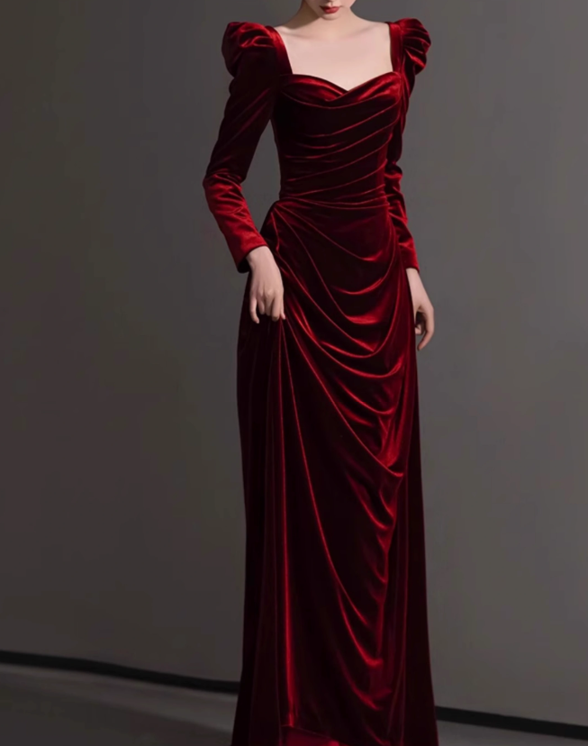 Burgundy A-line square neck velvet long sleeves long prom dress, Burgundy evening dress  ED01032