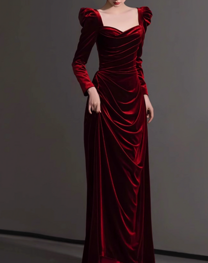 Burgundy A-line square neck velvet long sleeves long prom dress, Burgundy evening dress  ED01032