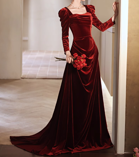 Burgundy A-line square neck velvet long sleeves long prom dress, Burgundy evening dress  ED01032