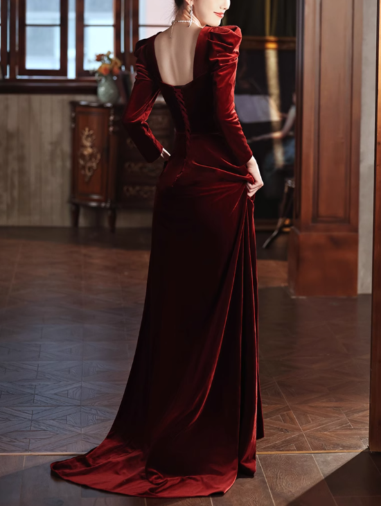 Burgundy A-line square neck velvet long sleeves long prom dress, Burgundy evening dress  ED01032