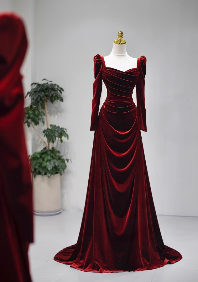 Burgundy A-line square neck velvet long sleeves long prom dress, Burgundy evening dress  ED01032