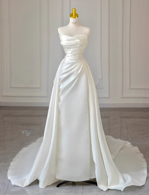 White A-line off-the-shoulder satin long prom dress, off-white long train dress ED01034