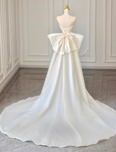 White A-line off-the-shoulder satin long prom dress, off-white long train dress ED01034