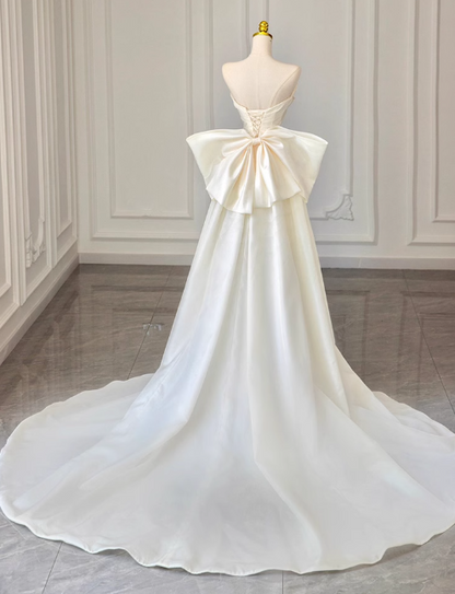 White A-line off-the-shoulder satin long prom dress, off-white long train dress ED01034