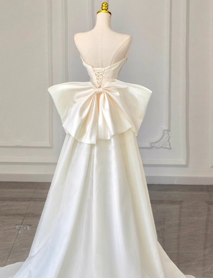 White A-line off-the-shoulder satin long prom dress, off-white long train dress ED01034