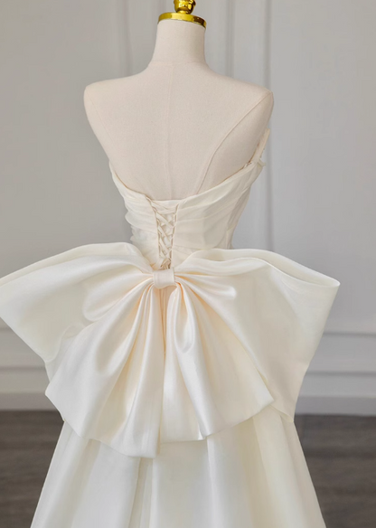 White A-line off-the-shoulder satin long prom dress, off-white long train dress ED01034