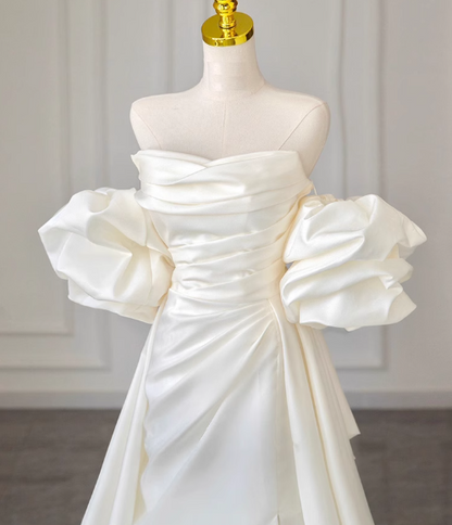 White A-line off-the-shoulder satin long prom dress, off-white long train dress ED01034