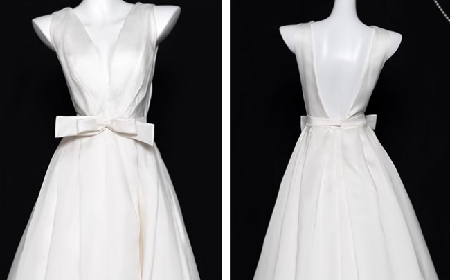 White A-line V-neck satin long prom dress, white evening dress ED01036