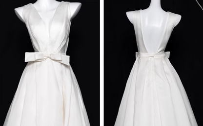 White A-line V-neck satin long prom dress, white evening dress ED01036