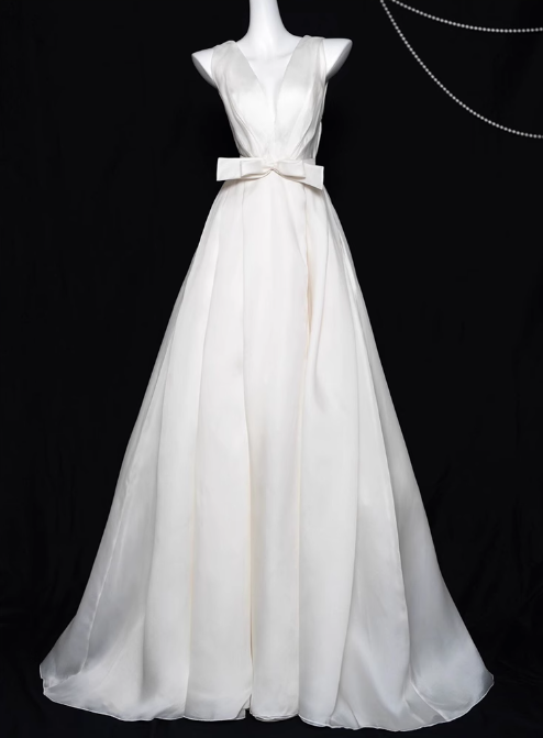 White A-line V-neck satin long prom dress, white evening dress ED01036