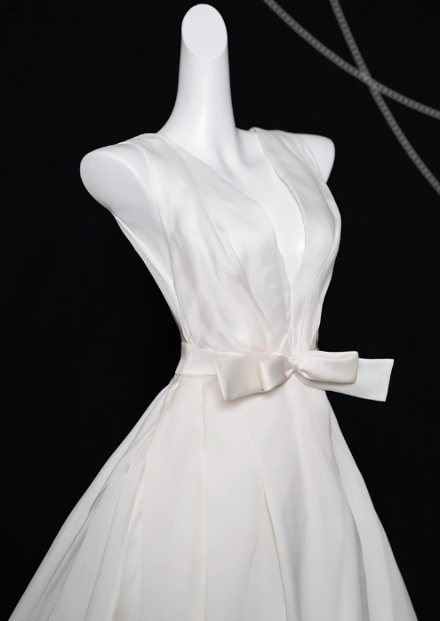 White A-line V-neck satin long prom dress, white evening dress ED01036