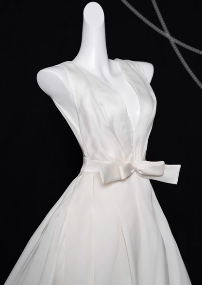 White A-line V-neck satin long prom dress, white evening dress ED01036