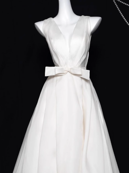 White A-line V-neck satin long prom dress, white evening dress ED01036