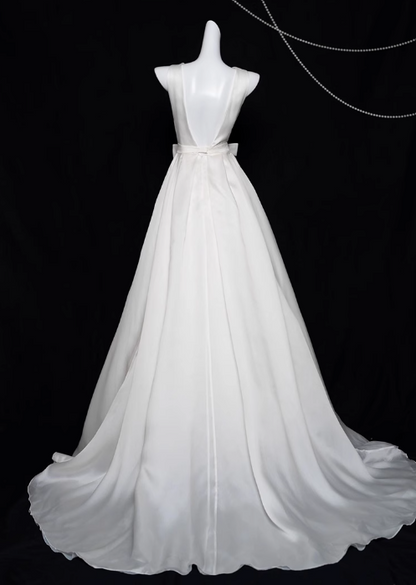 White A-line V-neck satin long prom dress, white evening dress ED01036