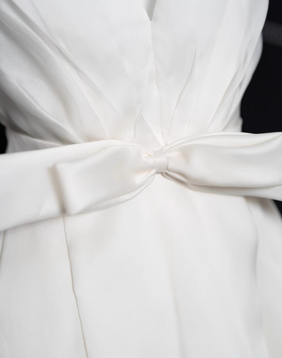 White A-line V-neck satin long prom dress, white evening dress ED01036