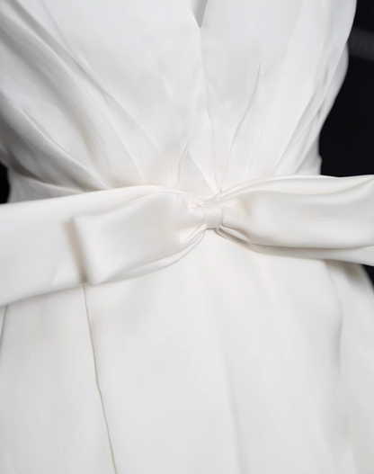 White A-line V-neck satin long prom dress, white evening dress ED01036