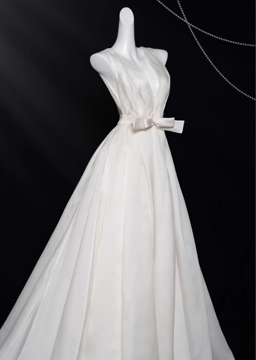 White A-line V-neck satin long prom dress, white evening dress ED01036