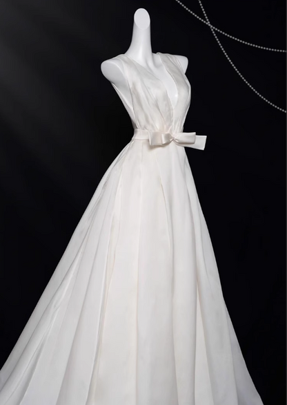 White A-line V-neck satin long prom dress, white evening dress ED01036