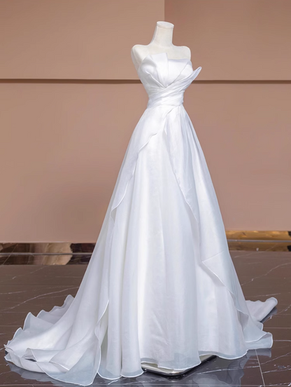 White A-line tulle long prom dress, white evening dress ED01037