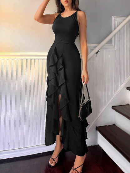 Black Satin long prom dress, black birthday dress ED01038