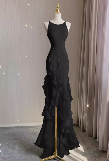 Black Satin long prom dress, black birthday dress ED01038