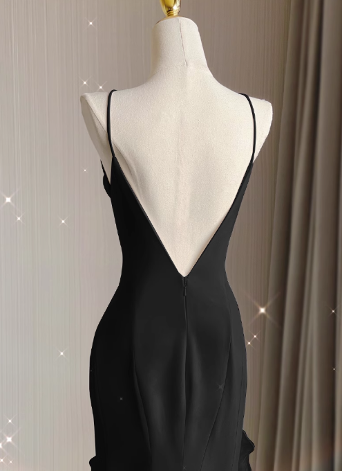 Black Satin long prom dress, black birthday dress ED01038