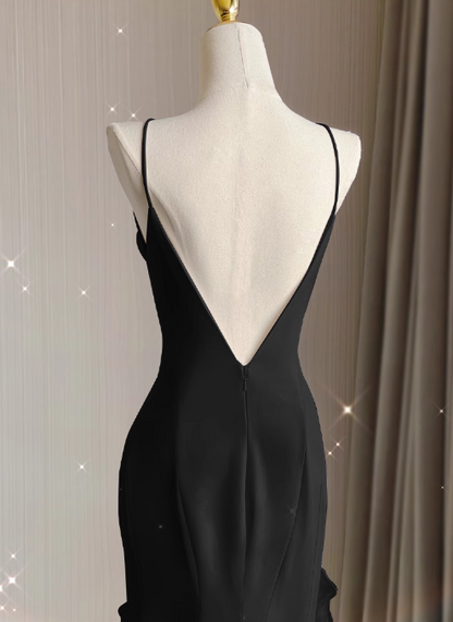 Black Satin long prom dress, black birthday dress ED01038