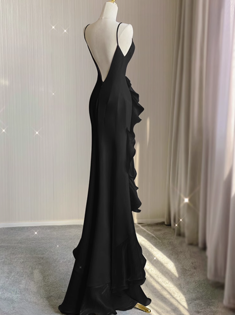 Black Satin long prom dress, black birthday dress ED01038